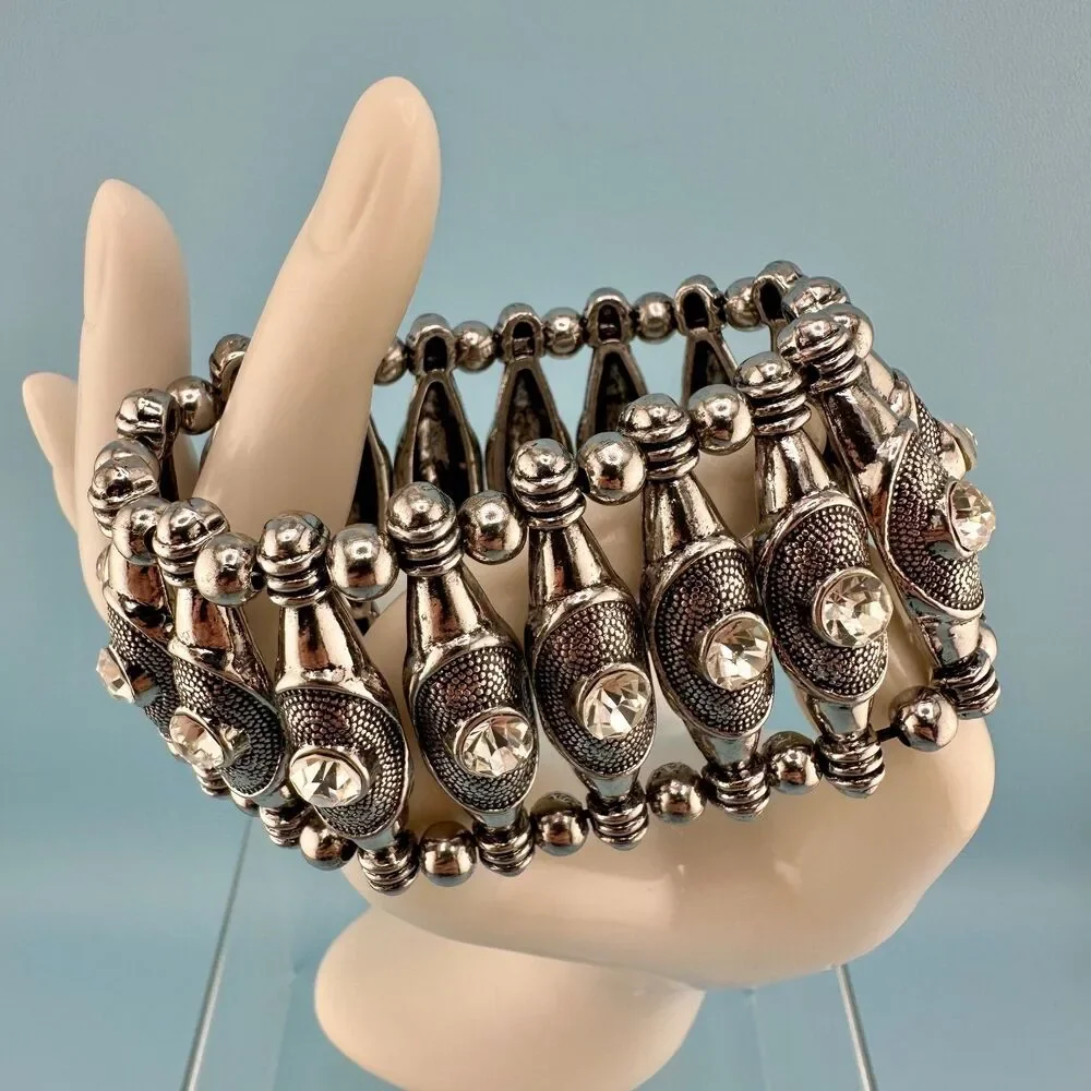 Vintage Chunky Stretch Bracelet Silver Tone Textured Wide Bead Clear Rhinestone